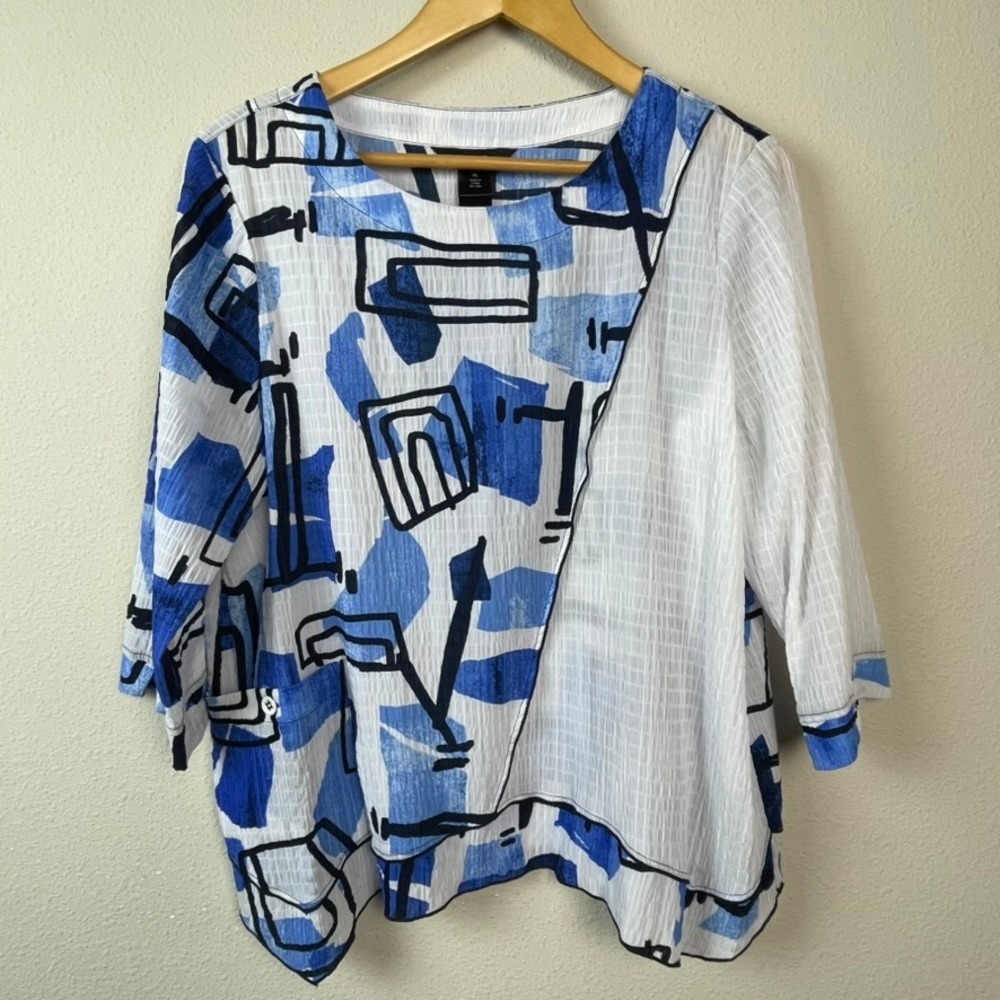 Ali Miles Abstract Seersucker Top Womens XL Blue White Art to Wear Lagenlook